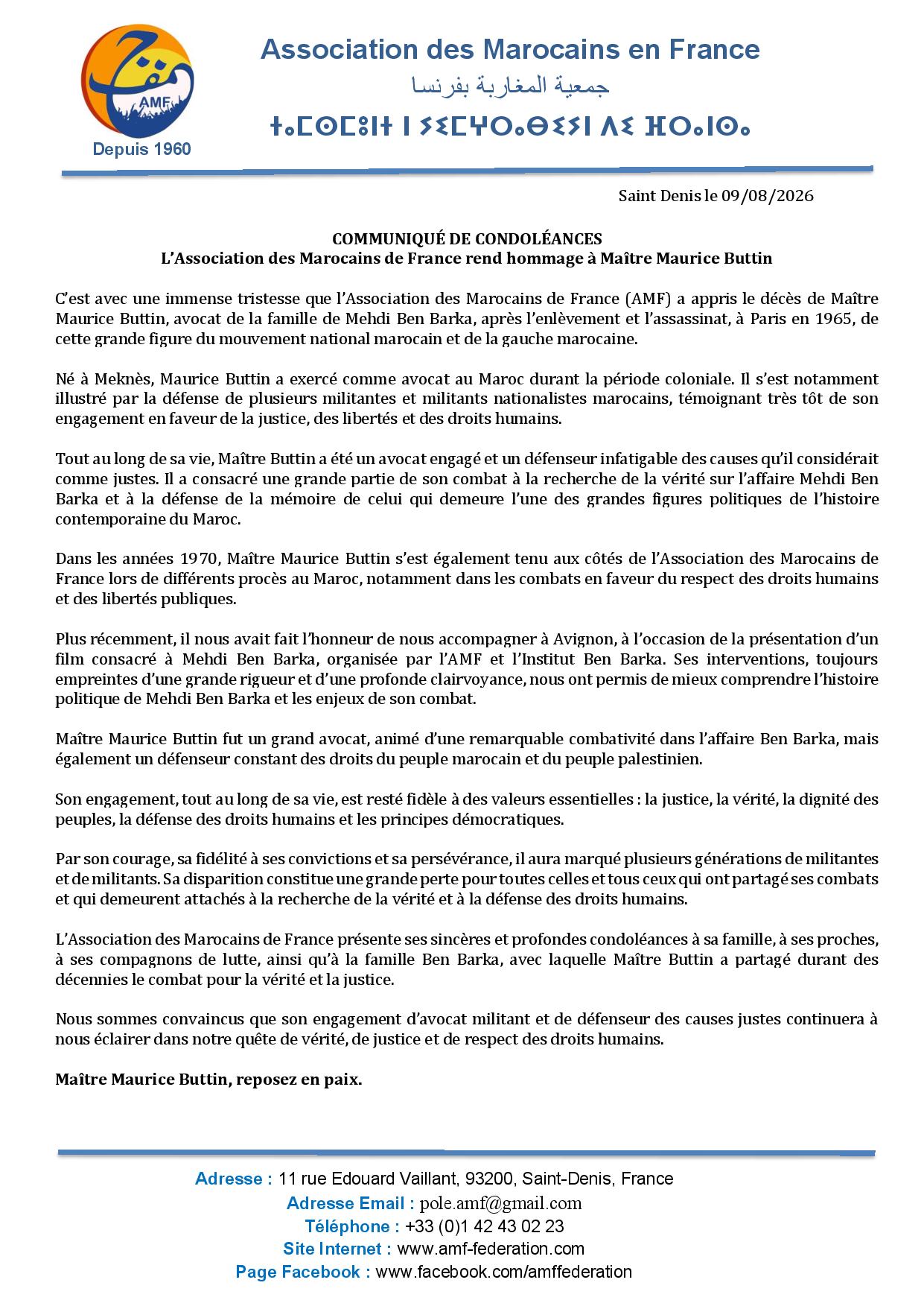 Communique de condoleances Maurice Buttin page 001
